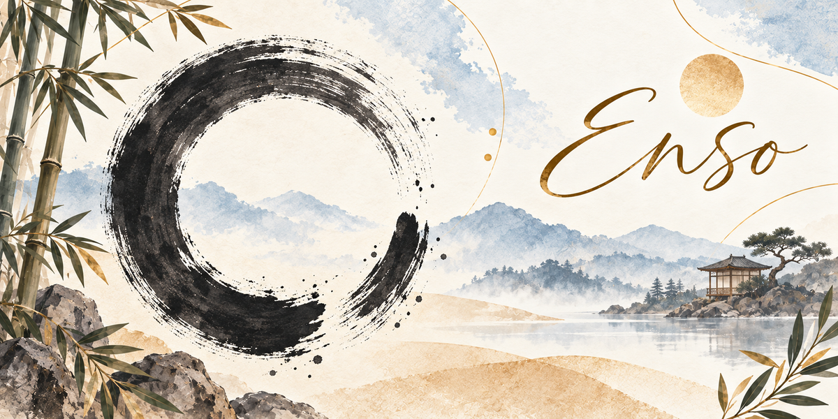 Illustration à l'aquarelle d'un grand cercle enso tracé au pinceau à l'encre noire, laissé ouvert en bas, avec les éclaboussures et les irrégularités du geste, des bambous et des rochers sombres au premier plan, un lac brumeux et des montagnes bleutées, un pavillon de bois à toit recourbé sur un îlot rocheux planté d'un pin, un disque solaire doré, et le titre Enso en lettres dorées