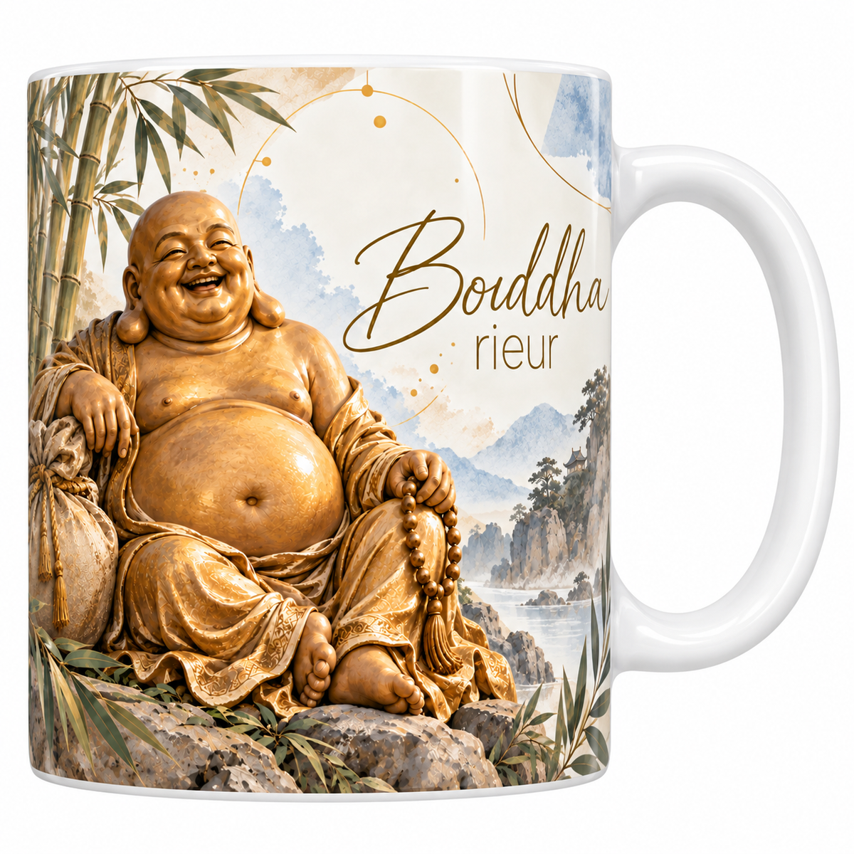 Mug céramique blanche 330 ml illustré d'une statue dorée du Bouddha rieur assis, le ventre nu et la bouche ouverte sur un large rire, son sac d'étoffe à côté, parmi les bambous, avec le titre Bouddha rieur en lettres dorées