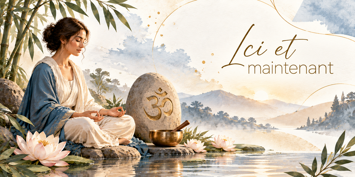 Illustration à l'aquarelle d'une femme brune aux cheveux relevés, en châle bleu et tunique crème, assise en tailleur sur un rocher au bord de l'eau, les yeux fermés et les mains posées sur les genoux, pouce et index joints, un grand lotus rose épanoui à côté d'elle, un bol chantant de cuivre avec son maillet de bois, un galet gravé d'un symbole doré, des bambous, la rivière et des collines dans la brume du matin, et le titre Ici et maintenant en lettres dorées