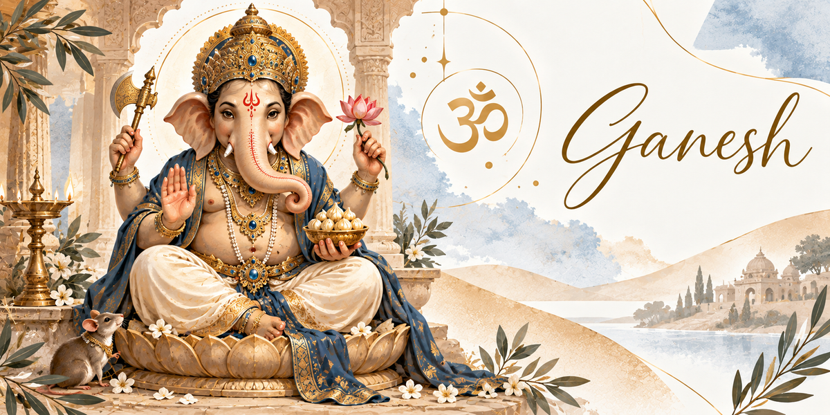 Illustration de Ganesh assis en tailleur sur un socle de lotus doré devant une arcade de temple sculptée, coiffé d'une haute couronne sertie de pierres bleues, une défense entière et une défense brisée, quatre bras tenant une hache, un lotus rose, la paume ouverte en signe de protection et un bol de friandises rondes, des colliers de perles, un dhoti crème et une écharpe bleue brodée d'or, un rat assis à ses pieds, une lampe à huile et du jasmin, et le titre Ganesh en lettres dorées