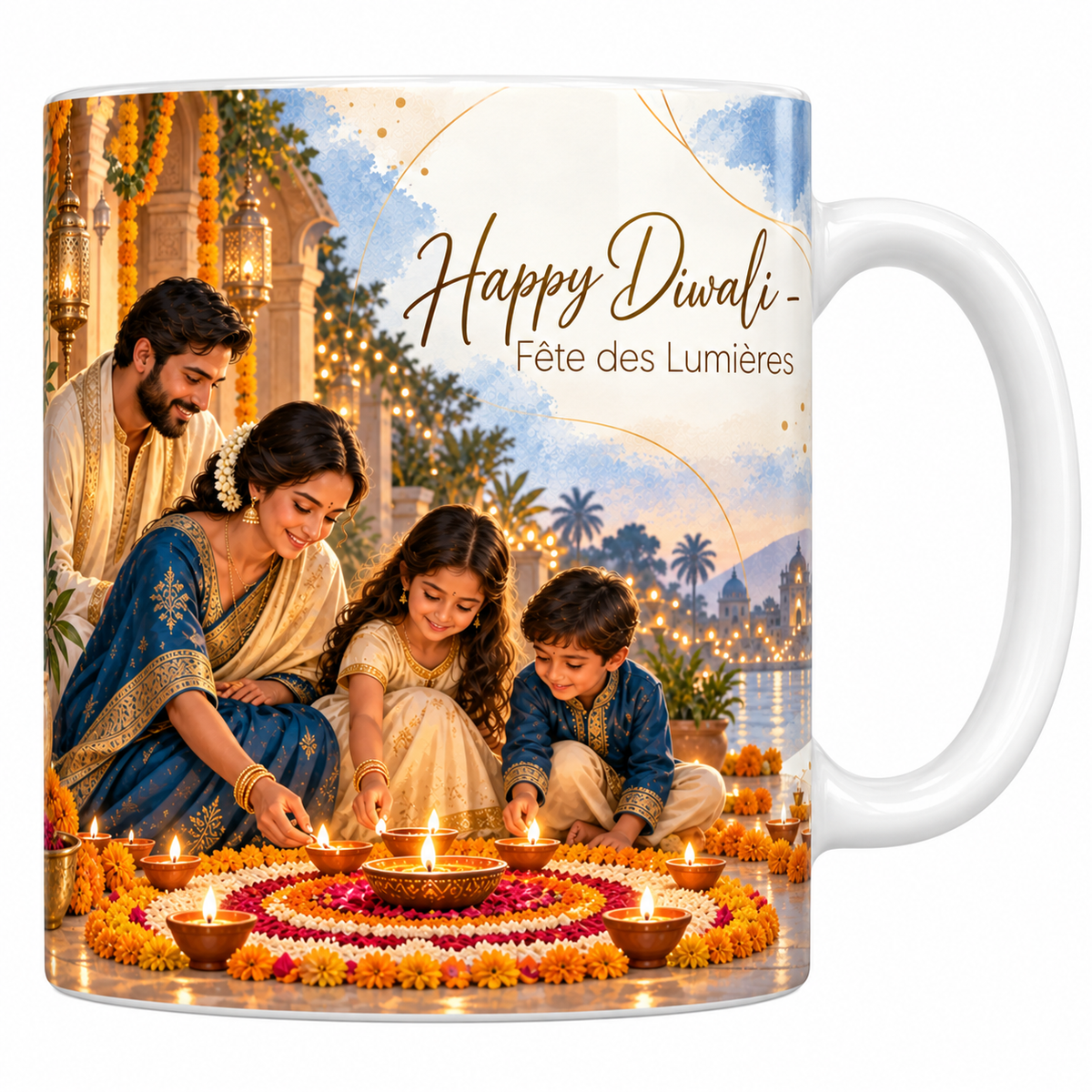 Mug céramique blanche 330 ml illustré d'une famille allumant des lampes de terre autour d'un grand rangoli de pétales orange et rouges, avec guirlandes de soucis et quais illuminés, titre Happy Diwali en lettres dorées