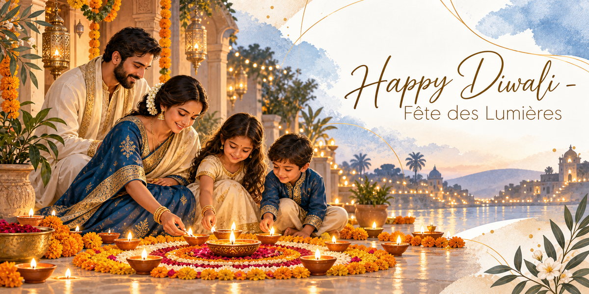 Illustration d'une famille accroupie autour d'un grand rangoli circulaire de pétales orange, rouges et blancs, allumant des lampes de terre à l'huile, le père barbu en tunique claire, la mère en sari bleu et or avec du jasmin dans les cheveux, une fillette en robe crème et un garçon en tunique bleue, des guirlandes de soucis orange, des lanternes de laiton suspendues sous des arcades, les quais illuminés d'une ville au bord de l'eau et des palmiers au couchant, et le titre Happy Diwali en lettres dorées