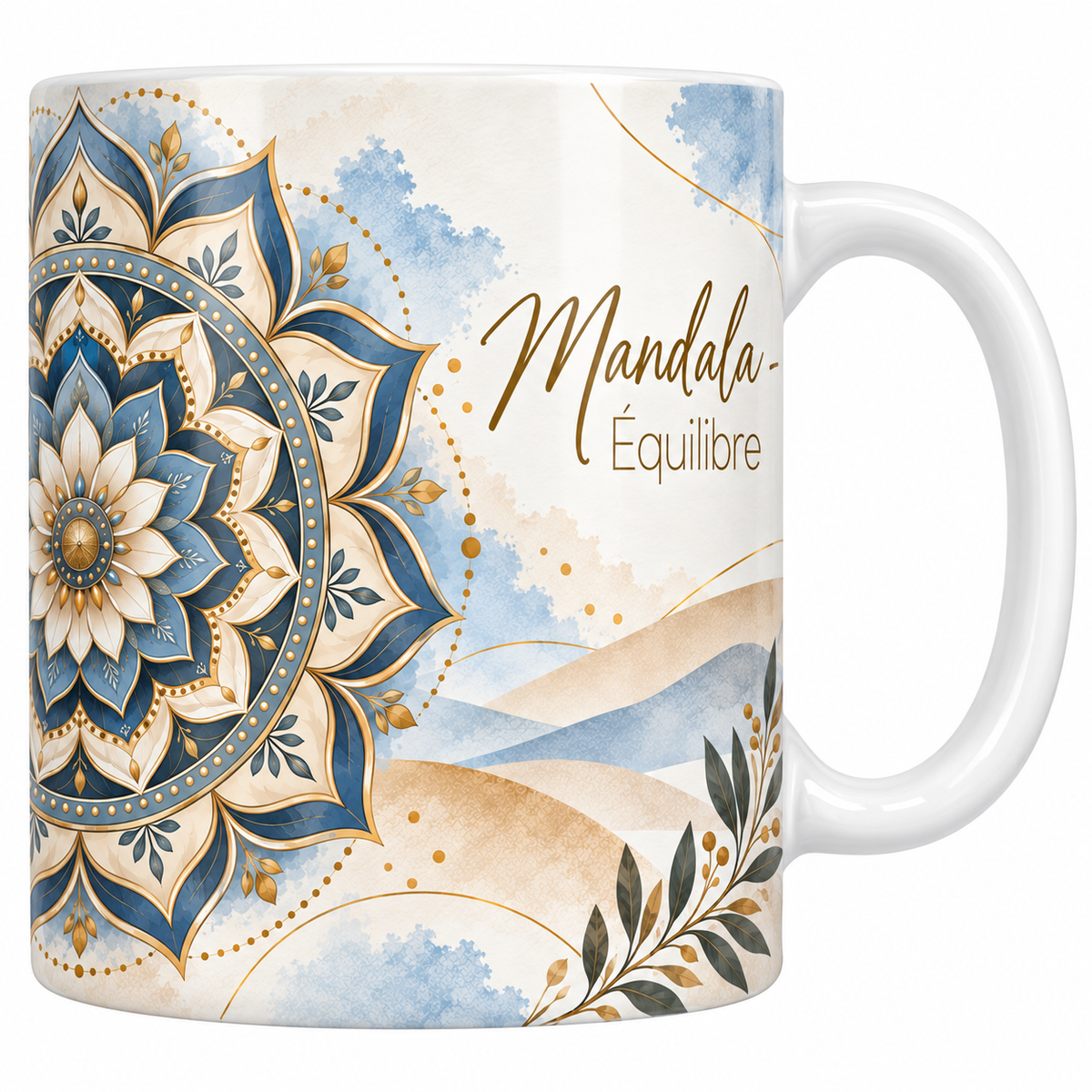 Mug céramique blanche 330 ml illustré d'un grand mandala circulaire bleu, crème et or à couronnes concentriques de pétales de lotus, entouré de feuillages, avec le titre Mandala, Équilibre en lettres dorées