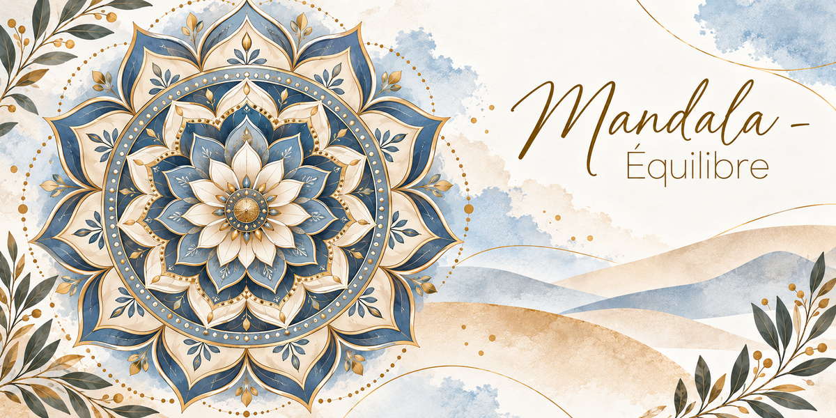 Illustration à l'aquarelle d'un grand mandala circulaire en bleu profond, crème et or, construit de couronnes concentriques de pétales de lotus, de rosaces géométriques et de pointillés dorés, un médaillon doré en son centre, entouré de rameaux d'olivier et de feuillages dorés, des collines pastel et un ciel aquarellé au loin, et le titre Mandala, Équilibre en lettres dorées