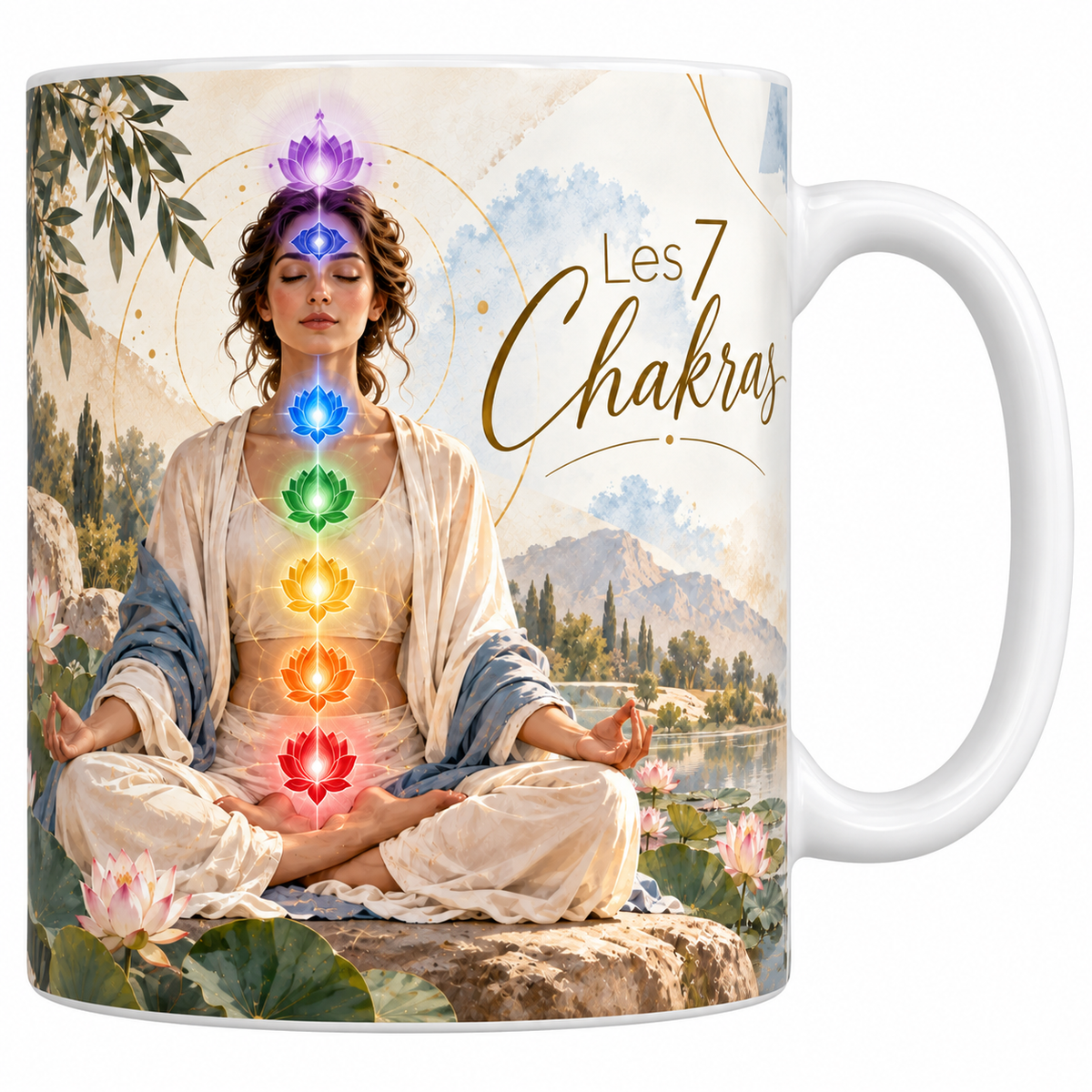 Mug céramique blanche 330 ml illustré d'une femme en blanc assise en tailleur au bord d'un étang, sept lotus lumineux du rouge au violet alignés le long de son axe, avec des nénuphars, et le titre Les 7 Chakras en lettres dorées