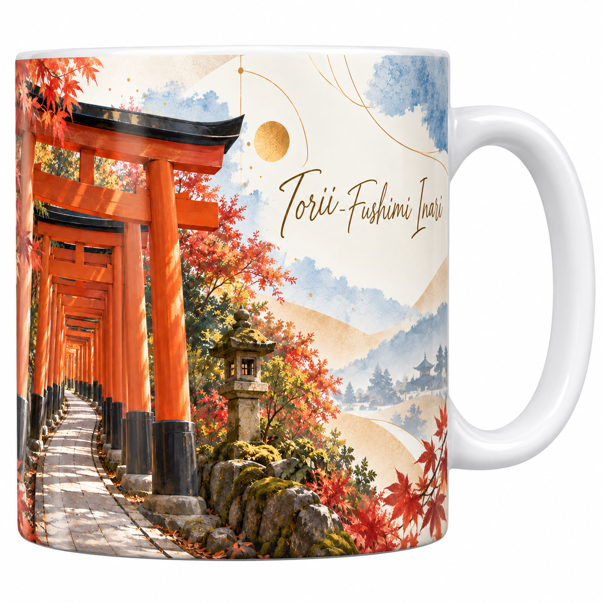 Mug céramique blanche 330 ml illustré du tunnel de portiques vermillon de Fushimi Inari se refermant sur un chemin pavé, avec des érables rouges et une lanterne de pierre, titre Torii Fushimi Inari en lettres dorées