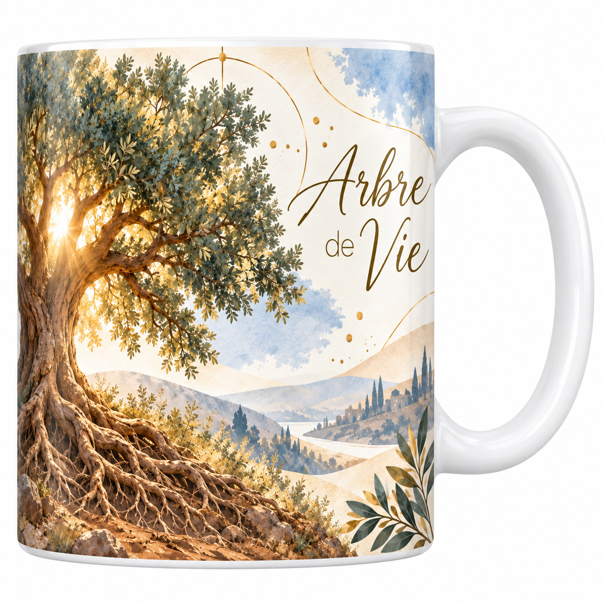 Mug céramique blanche 330 ml illustré d'un vieil olivier au tronc torsadé et aux racines étalées sur la roche, le soleil à travers son feuillage, avec collines et cyprès, et le titre Arbre de Vie en lettres dorées