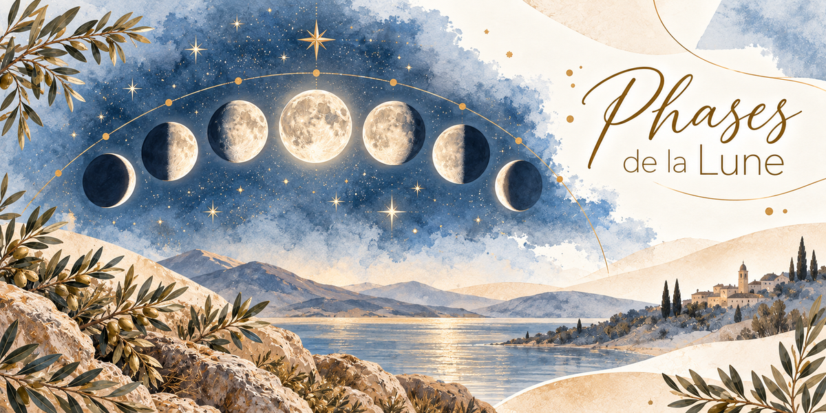 Illustration à l'aquarelle de huit phases de la Lune alignées en arc dans un ciel bleu nuit semé d'étoiles dorées, de la fine faucille à la pleine lune et retour, les cratères et les mers visibles, une étoile filante, au-dessus d'un lac bordé de collines claires, d'un village à clocher et de cyprès, des rameaux d'olivier au premier plan, et le titre Phases de la Lune en lettres dorées