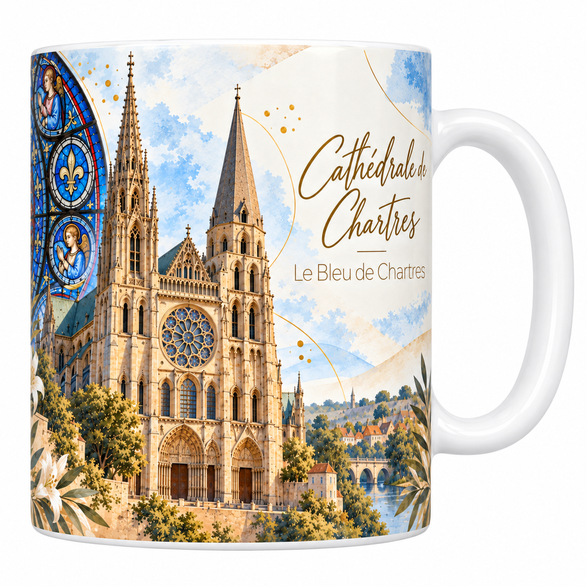 Mug céramique blanche 330 ml illustré de la cathédrale de Chartres et de ses deux flèches dissemblables, avec un grand vitrail bleu à Vierge à l'Enfant, la ville et la rivière, titre Cathédrale de Chartres en lettres dorées