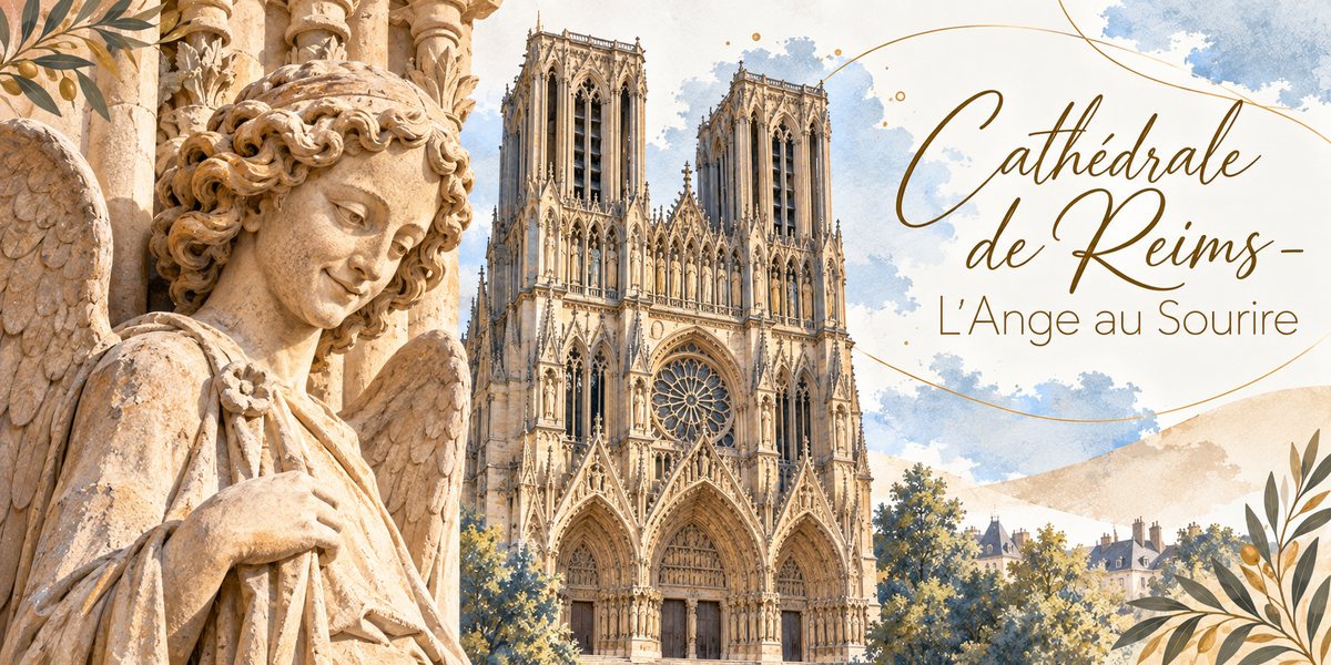 Illustration à l'aquarelle de la façade ouest de la cathédrale de Reims, ses deux tours, sa grande rose et ses trois portails à gâbles couverts de statues, et au premier plan la statue de l'Ange au Sourire vue de trois quarts, son aile déployée, ses cheveux bouclés et son visage penché et souriant, des rameaux d'olivier, les toits de la ville au loin, et le titre Cathédrale de Reims, l'Ange au Sourire en lettres dorées