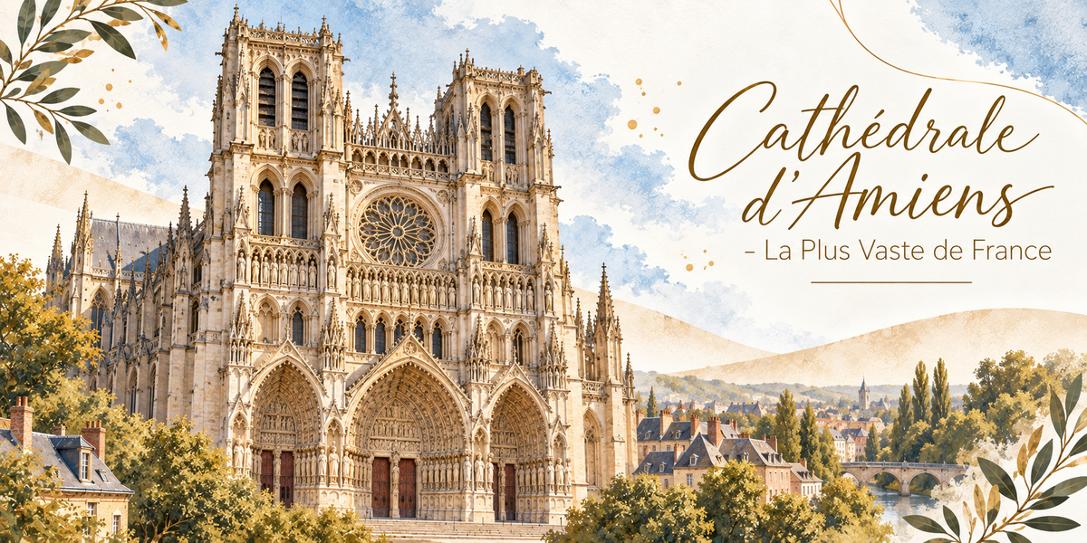 Illustration à l'aquarelle de la façade ouest de la cathédrale d'Amiens vue en légère contre-plongée, ses deux tours de hauteur inégale, sa grande rose, sa galerie à arcatures et ses trois portails profonds couverts de statues, les pinacles et les arcs-boutants sur le côté, les toits de la ville, une rivière et un pont de pierre au loin, des rameaux d'olivier, et le titre Cathédrale d'Amiens, la Plus Vaste de France en lettres dorées