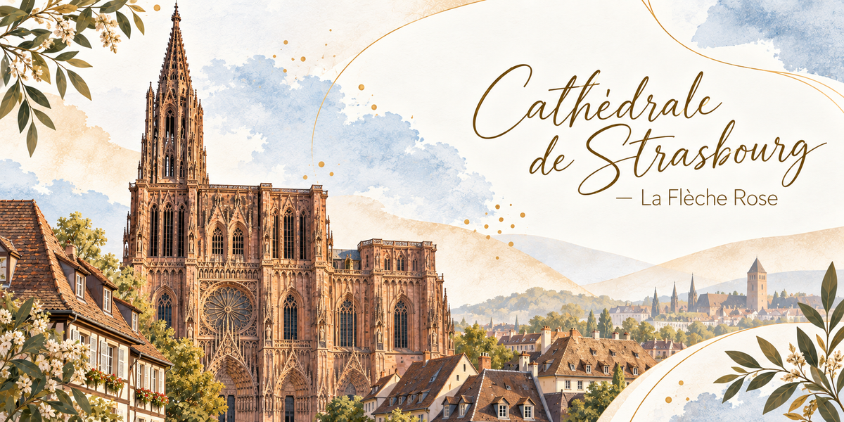 Illustration à l'aquarelle de la cathédrale de Strasbourg en grès rose des Vosges vue depuis une ruelle, son unique flèche ajourée montant très haut, sa grande rose et sa façade couverte de sculptures et de gâbles, des maisons à colombages fleuries et des toits de tuiles brunes au premier plan, les collines boisées et un village au loin, et le titre Cathédrale de Strasbourg, la Flèche Rose en lettres dorées