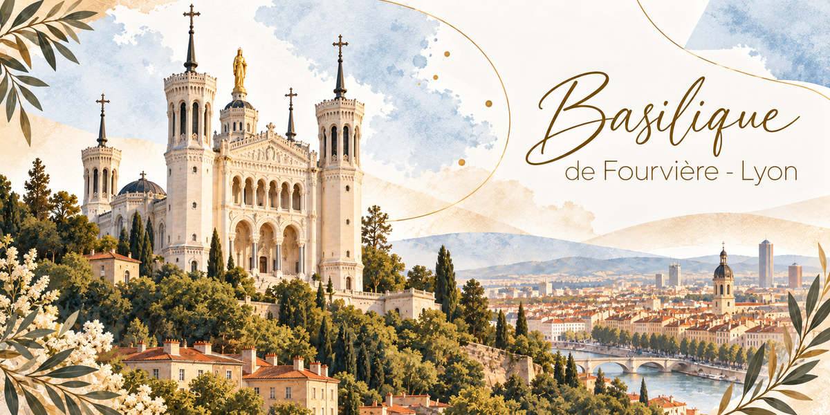 Illustration à l'aquarelle de la basilique de Fourvière vue depuis la colline, sa façade claire à arcatures, ses quatre tours d'angle et la statue dorée de la Vierge au centre, des cyprès et des arbres sur la pente, les toits de tuiles du Vieux Lyon, la Saône et son pont de pierre, les collines au loin, des fleurs blanches et des rameaux d'olivier au premier plan, et le titre Basilique de Fourvière, Lyon en lettres dorées