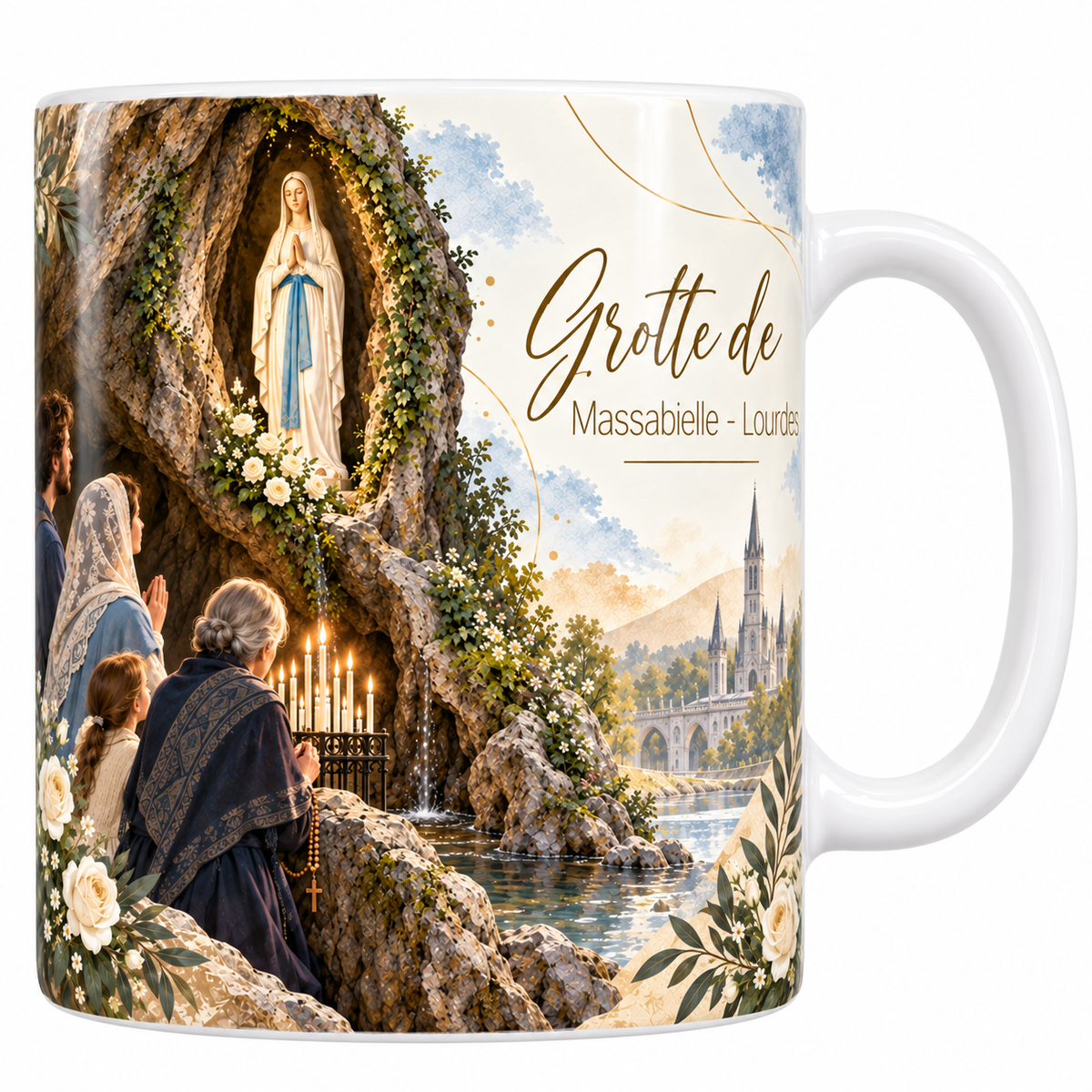Mug céramique blanche 330 ml illustré de la grotte de Massabielle à Lourdes, la statue de la Vierge en robe blanche et ceinture bleue dans sa niche fleurie, la source, les cierges et des pèlerins en prière, avec le titre Grotte de Massabielle, Lourdes en lettres dorées