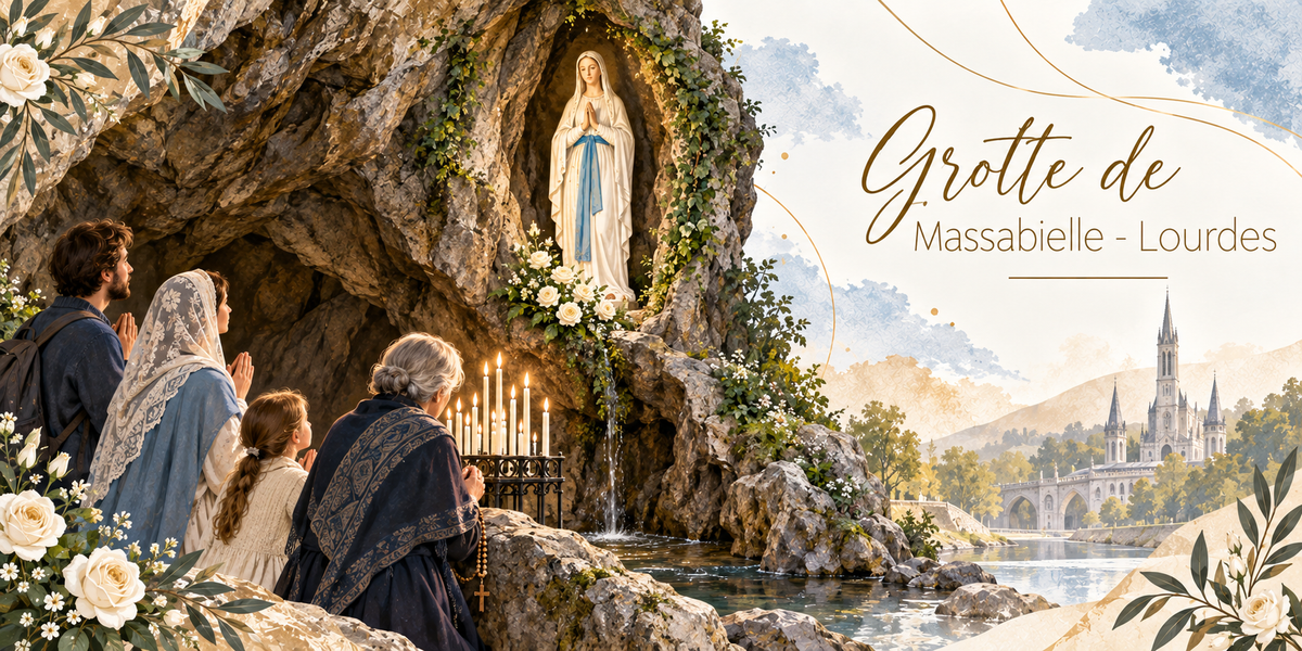 Illustration à l'aquarelle de la grotte de Massabielle à Lourdes, la statue de la Vierge en robe blanche et écharpe bleue, les mains jointes, dressée dans une niche du rocher entourée de lierre et de roses blanches, un filet d'eau tombant dans le gave en contrebas, un présentoir de cierges allumés, quatre pèlerins agenouillés en prière dont une fillette et une femme au chapelet, et au loin la basilique et son pont, avec le titre Grotte de Massabielle, Lourdes en lettres dorées