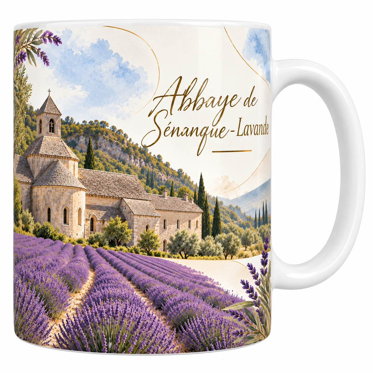 Mug céramique blanche 330 ml illustré de l'abbaye de Sénanque en pierre blonde, son chevet roman et son clocher carré, devant un champ de lavande en rangs, avec les collines du Luberon, des cyprès et des oliviers, et le titre Abbaye de Sénanque, Lavande en lettres dorées