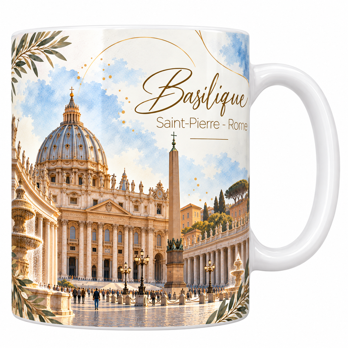 Mug céramique blanche 330 ml illustré de la basilique Saint-Pierre de Rome, sa coupole et sa façade à colonnes, la colonnade du Bernin, l'obélisque et les fontaines de la place, avec le titre Basilique Saint-Pierre, Rome en lettres dorées