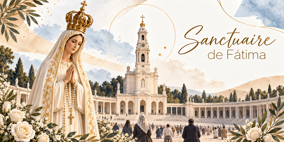 Illustration à l'aquarelle de la statue de Notre-Dame de Fátima en voile crème bordé d'or, couronnée d'or et de pierres, les mains jointes sur un chapelet à croix dorée, et derrière elle la basilique du Rosaire en pierre claire avec sa haute tour-clocher à carillon, sa colonnade en hémicycle surmontée de statues, l'esplanade parcourue de pèlerins dont certains à genoux, des roses blanches au premier plan, et le titre Sanctuaire de Fátima en lettres dorées