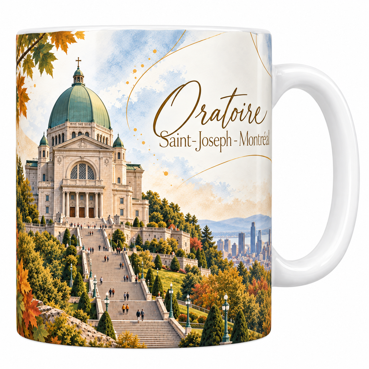 Mug céramique blanche 330 ml illustré de l'oratoire Saint-Joseph du mont Royal, son dôme de cuivre vert, sa façade à colonnes et son grand escalier, avec les érables d'automne et Montréal au loin, et le titre Oratoire Saint-Joseph, Montréal en lettres dorées