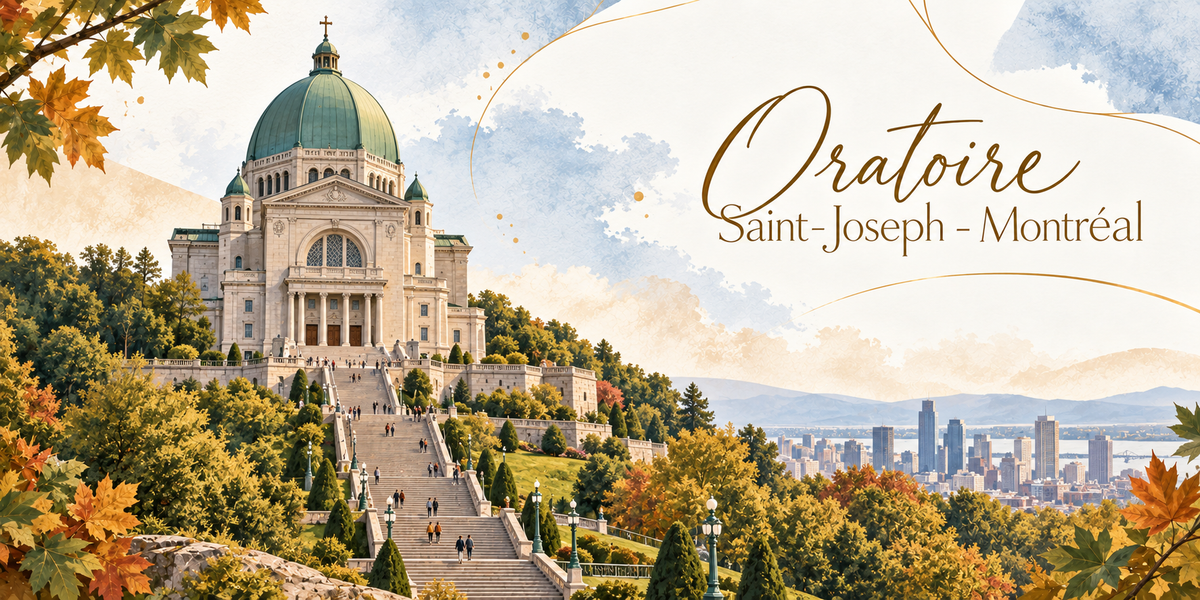 Illustration à l'aquarelle de l'oratoire Saint-Joseph du mont Royal à Montréal, son large dôme de cuivre vert-de-gris, sa façade de pierre claire à colonnes et sa grande rosace, le long escalier monté par des visiteurs, des conifères et des lampadaires de fonte, des érables aux feuilles rouges et orange au premier plan, la silhouette des tours de Montréal et le fleuve au loin, et le titre Oratoire Saint-Joseph, Montréal en lettres dorées