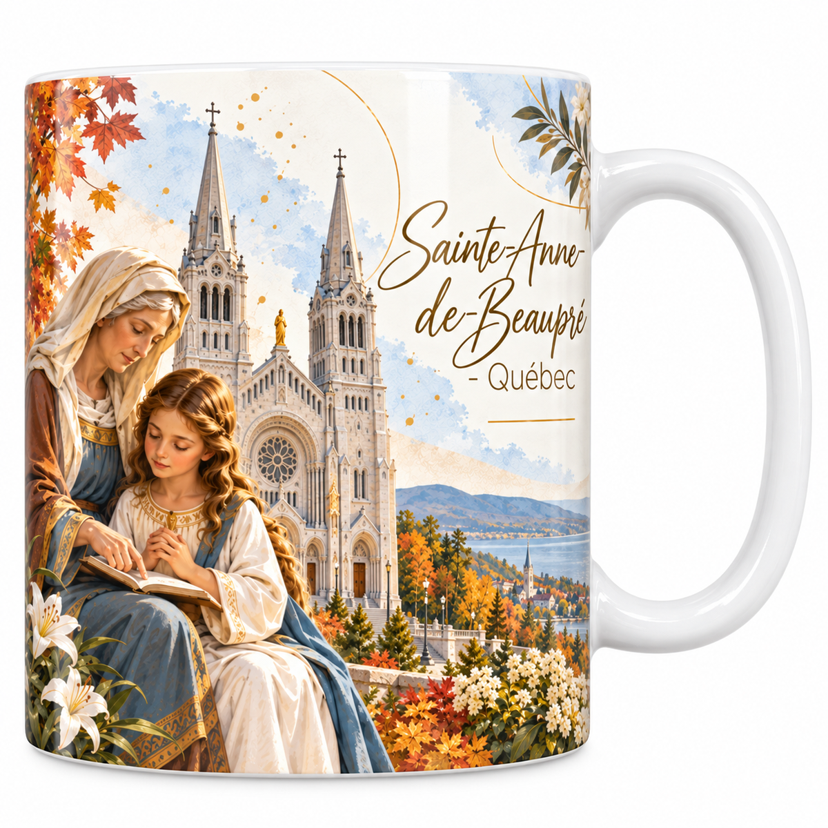 Mug céramique blanche 330 ml illustré de la basilique de Sainte-Anne-de-Beaupré et de ses deux flèches, avec sainte Anne enseignant la Vierge enfant au premier plan, le Saint-Laurent et les érables d'automne, et le titre Sainte-Anne-de-Beaupré, Québec en lettres dorées