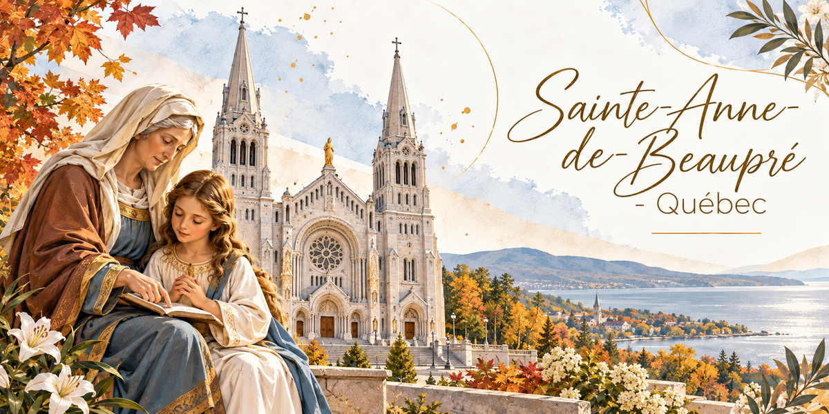 Illustration à l'aquarelle de la basilique de Sainte-Anne-de-Beaupré au Québec, ses deux flèches élancées, sa grande rosace, ses portails sculptés et la statue dorée de sainte Anne au pignon, et au premier plan sainte Anne en voile blanc et manteau brun apprenant à lire à la Vierge enfant sur un livre ouvert, des lys blancs, des érables aux feuilles rouges et orange, le fleuve Saint-Laurent et ses rives au loin, et le titre Sainte-Anne-de-Beaupré, Québec en lettres dorées