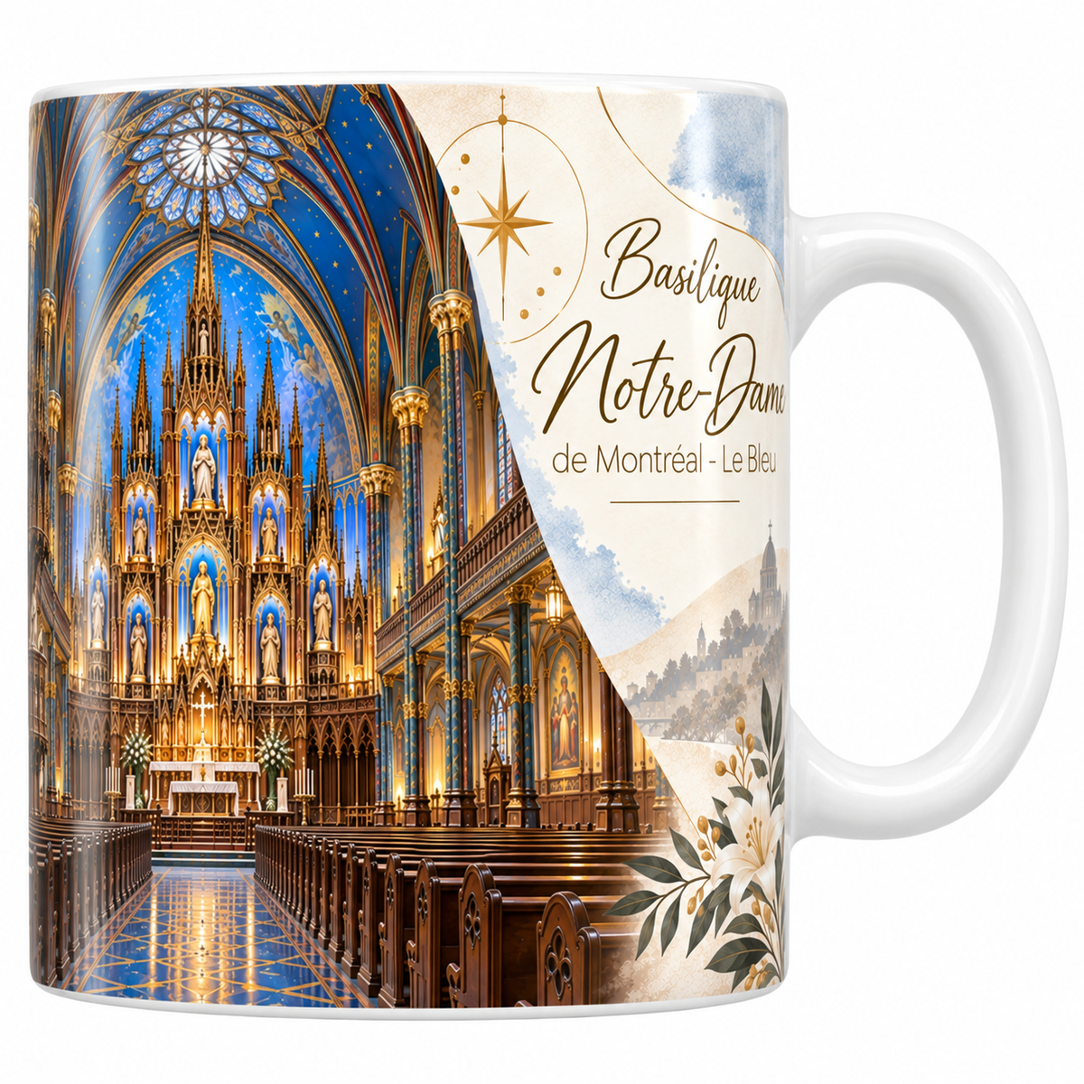 Mug céramique blanche 330 ml illustré de l'intérieur de la basilique Notre-Dame de Montréal, sa voûte bleu nuit étoilée, son retable sculpté et doré, ses colonnes et ses bancs de bois, avec le titre Basilique Notre-Dame de Montréal, le Bleu en lettres dorées