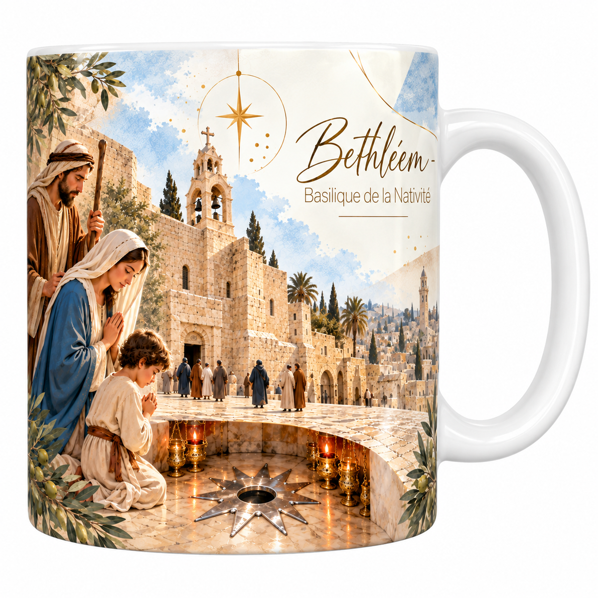 Mug céramique blanche 330 ml illustré de la basilique de la Nativité à Bethléem, sa façade de pierre et sa porte basse, son clocher à cloches, la place et les palmiers, avec l'étoile d'argent de la grotte au premier plan et le titre Bethléem, Basilique de la Nativité en lettres dorées