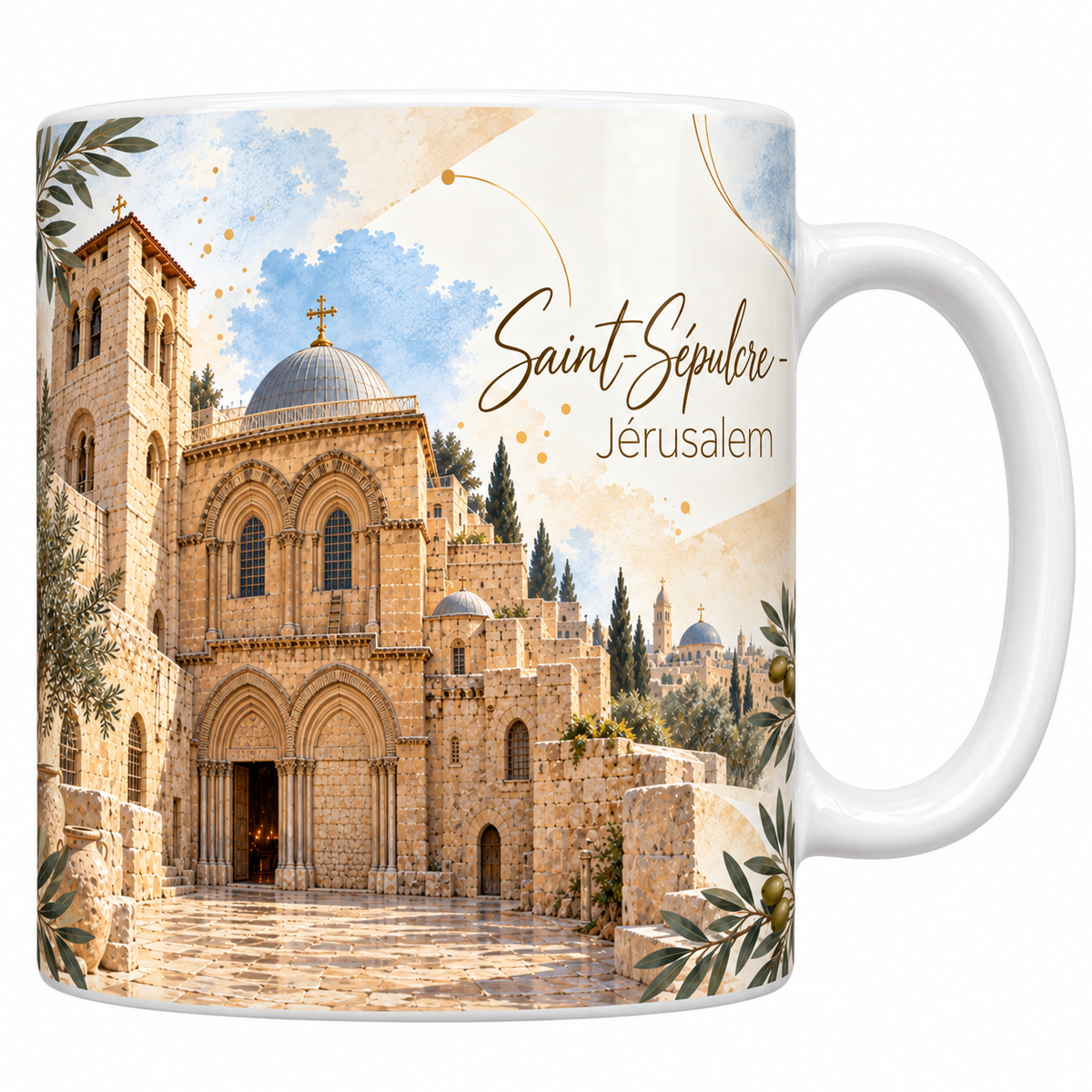 Mug céramique blanche 330 ml illustré de l'église du Saint-Sépulcre à Jérusalem, sa façade romane à deux portails, son clocher et la coupole de l'Anastasis, avec le parvis dallé et la vieille ville, et le titre Saint-Sépulcre, Jérusalem en lettres dorées