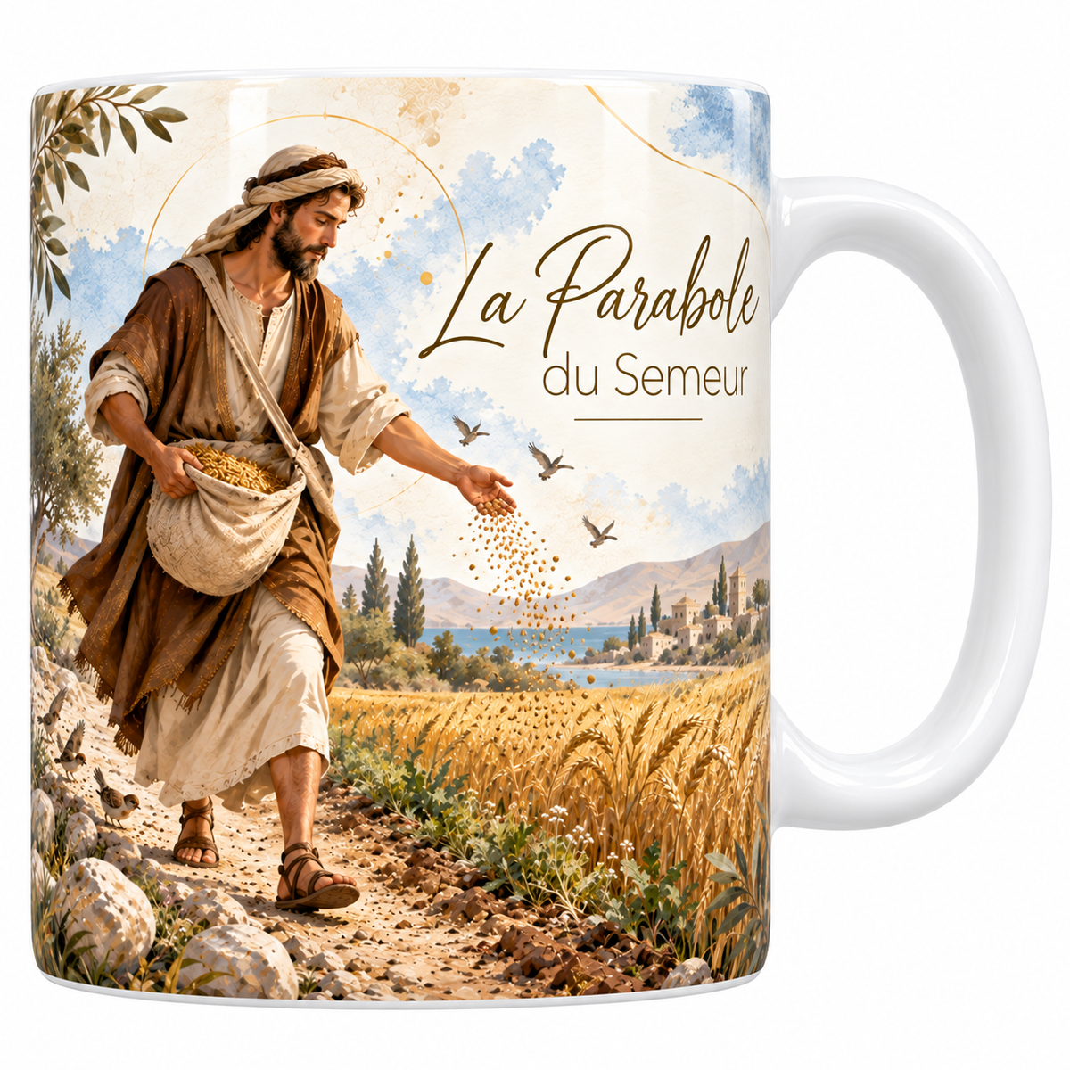 Mug céramique blanche 330 ml illustré du semeur en marche, son sac de grain en bandoulière et la main lancée, avec le chemin pierreux et ses oiseaux, les broussailles et le champ de blé mûr, le lac au loin, et le titre La Parabole du Semeur en lettres dorées