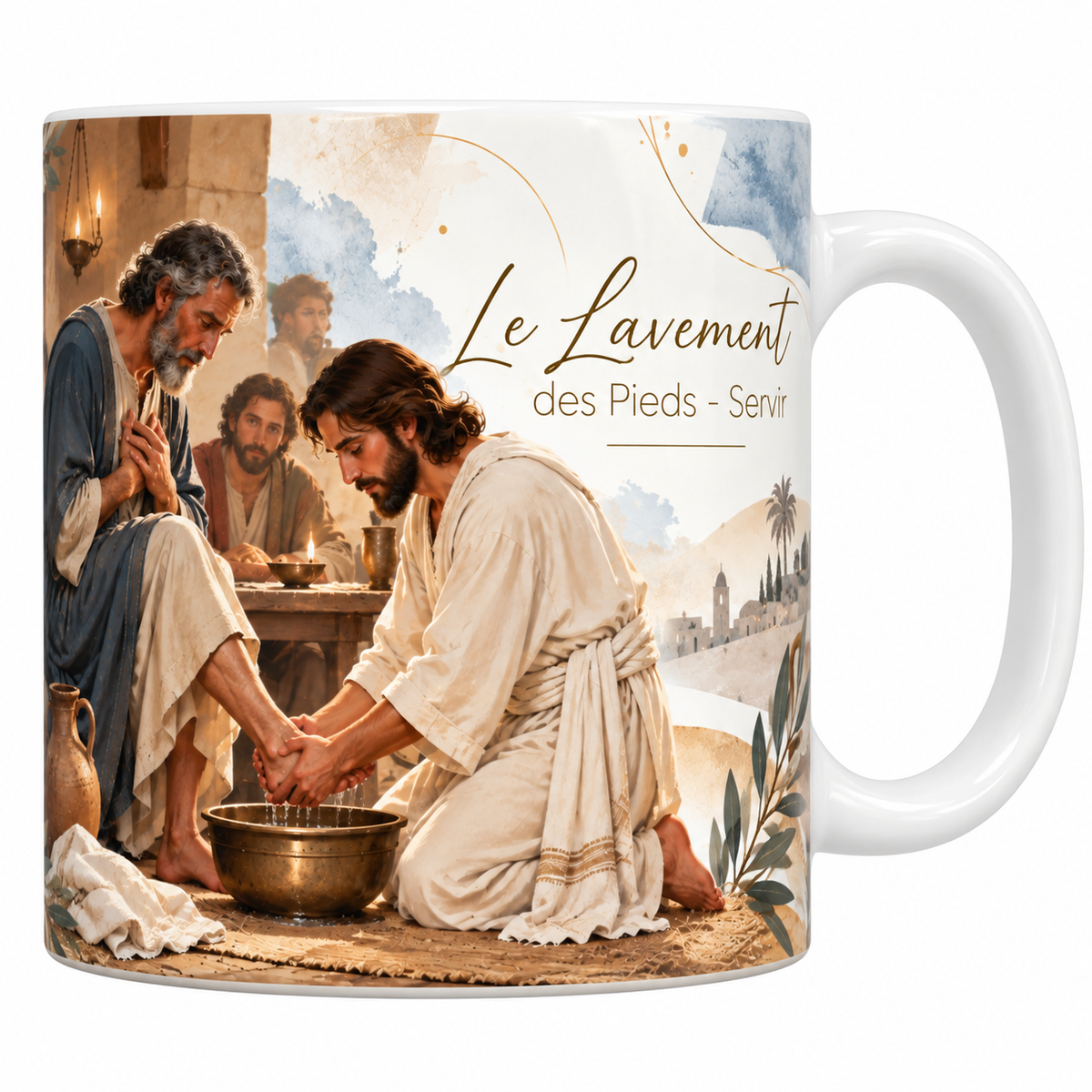 Mug céramique blanche 330 ml illustré de Jésus agenouillé lavant le pied de Pierre au-dessus d'une bassine de bronze, le linge et la cruche au sol, la table et les disciples derrière, avec le titre Le Lavement des Pieds, Servir en lettres dorées