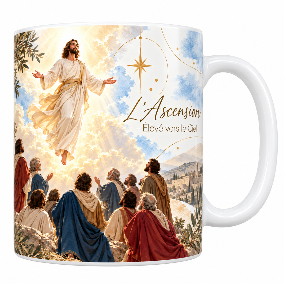 Mug céramique blanche 330 ml illustré du Christ s'élevant dans la lumière les bras ouverts, au-dessus des apôtres rassemblés sur la crête du mont des Oliviers, avec Jérusalem au loin et le titre L'Ascension, Élevé vers le Ciel en lettres dorées
