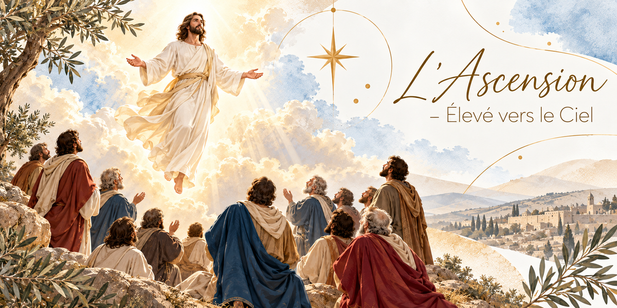 Illustration à l'aquarelle du Christ en tunique blanche et écharpe dorée s'élevant dans une trouée de lumière, les bras ouverts et les pieds nus, au-dessus d'un groupe d'apôtres en manteaux rouges, bleus et beiges rassemblés sur une crête rocheuse, qui lèvent les yeux et les mains vers lui, des oliviers et des rochers clairs au premier plan, les collines et les murailles de Jérusalem au loin, et le titre L'Ascension, Élevé vers le Ciel en lettres dorées