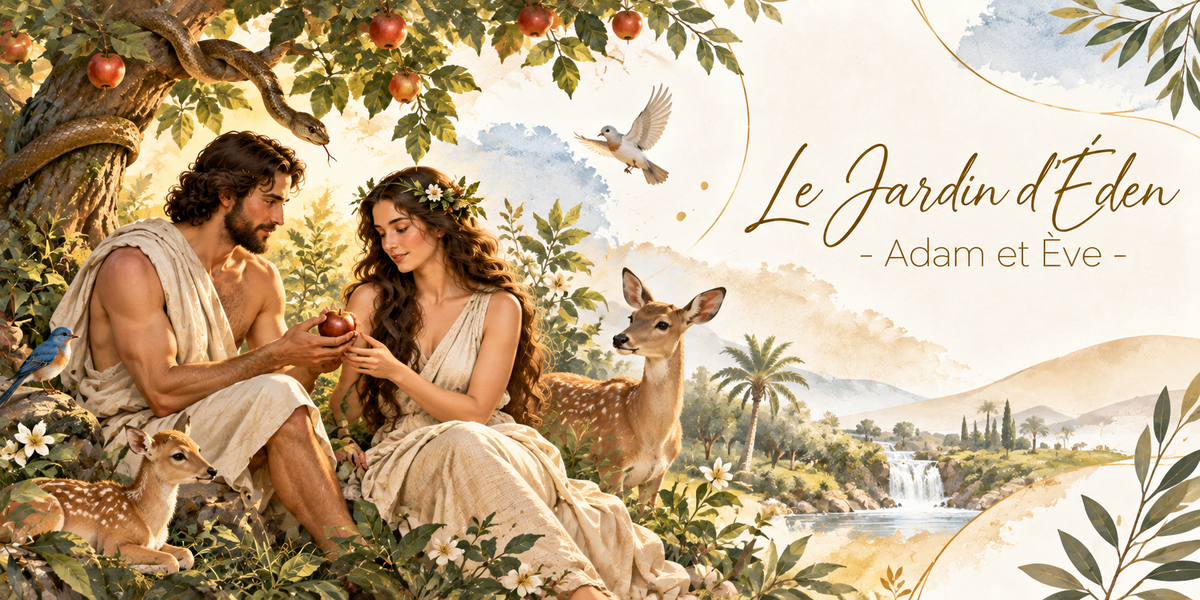 Illustration à l'aquarelle d'Adam et Ève vêtus de tuniques claires, assis dans l'herbe sous un arbre chargé de fruits rouges, le fruit tendu d'une main à l'autre, un serpent vert enroulé autour d'une branche au-dessus d'eux, une biche adulte et un faon couché tout près, une colombe en vol et un oiseau bleu sur une branche, des fleurs blanches au premier plan, une cascade, un fleuve, des palmiers et des collines au loin, et le titre Le Jardin d'Éden, Adam et Ève en lettres dorées