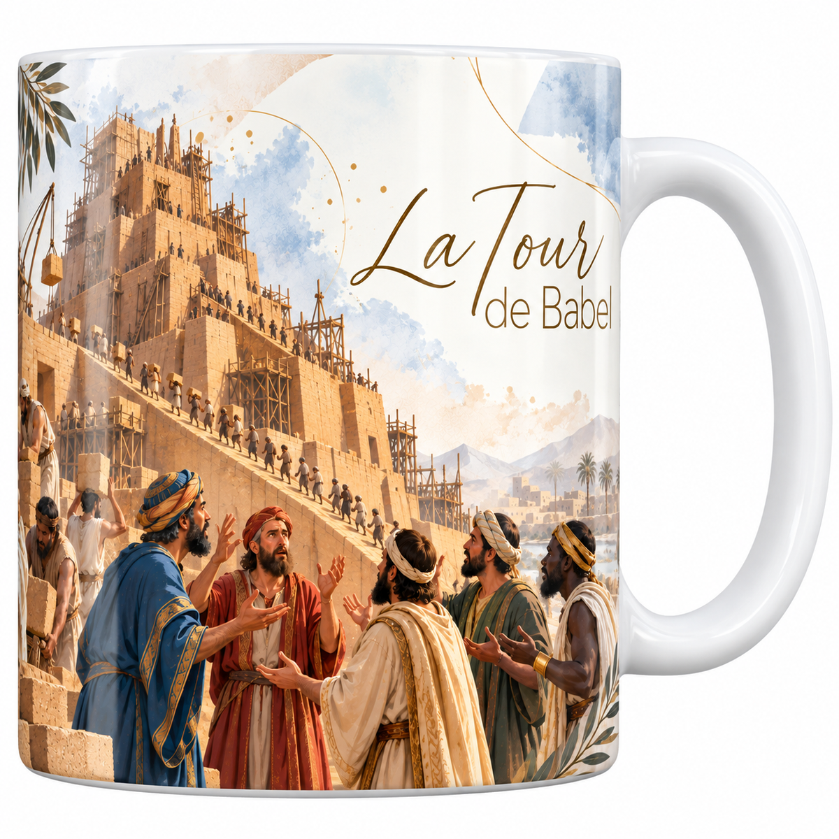 Mug céramique blanche 330 ml illustré de la tour de Babel en construction, ses étages en retrait, ses échafaudages et ses files d'ouvriers, avec au premier plan des hommes qui ne se comprennent plus, et le titre La Tour de Babel en lettres dorées