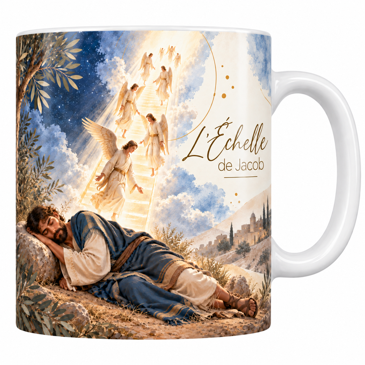 Mug céramique blanche 330 ml illustré de Jacob endormi la tête sur une pierre, et d'un escalier de lumière où des anges montent et descendent, avec l'olivier, les collines et un village au loin, et le titre L'Échelle de Jacob en lettres dorées