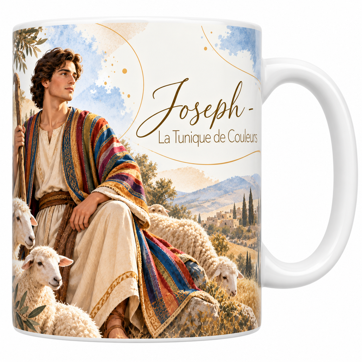 Mug céramique blanche 330 ml illustré de Joseph assis au milieu de son troupeau, bâton de berger à la main et vêtu d'une longue tunique rayée de couleurs, avec les collines et un village au loin, et le titre Joseph, la Tunique de Couleurs en lettres dorées