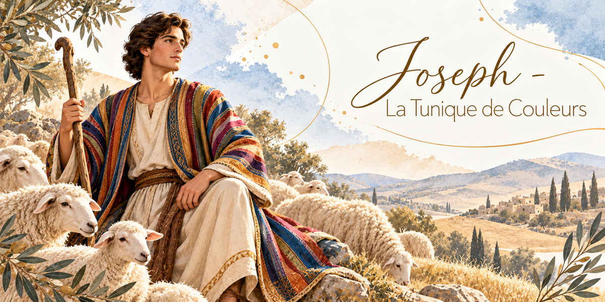 Illustration à l'aquarelle d'un jeune homme aux cheveux bouclés assis sur un rocher au milieu d'un troupeau de moutons, un long bâton de berger à la main, vêtu d'une tunique blanche et d'un grand manteau rayé de bleu, de pourpre, d'ocre, de rouge et de vert bordé de galons dorés, des brebis et un agneau tout près de lui, un olivier, les collines dorées et un village de pierre au loin, et le titre Joseph, la Tunique de Couleurs en lettres dorées