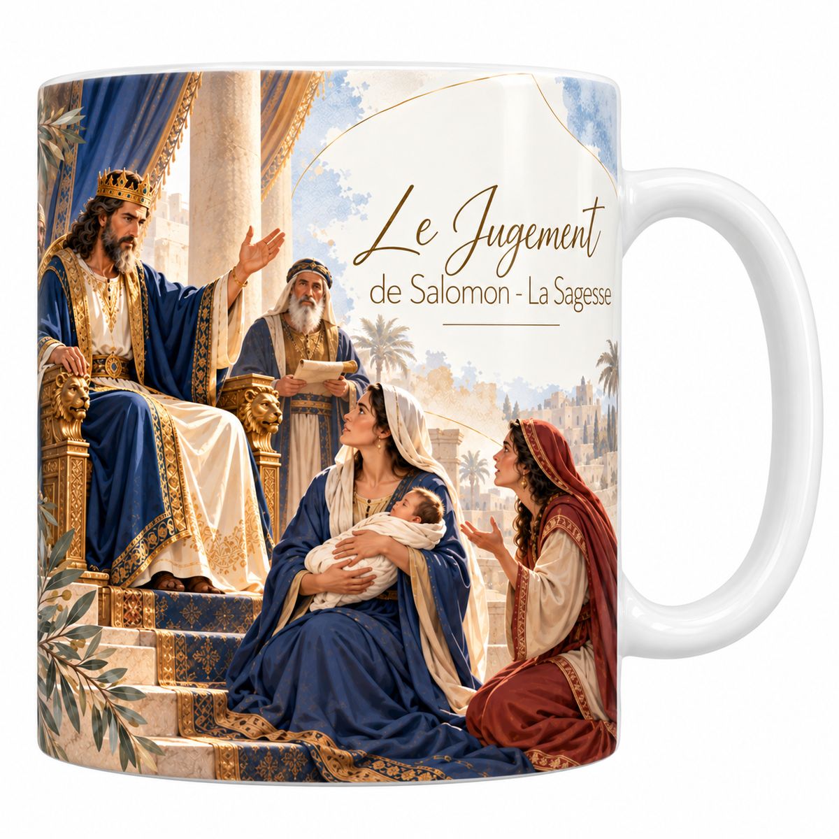 Mug céramique blanche 330 ml illustré de Salomon couronné sur son trône à lions, un scribe à ses côtés, et devant les marches les deux femmes dont l'une tient un enfant, avec la ville au loin, et le titre Le Jugement de Salomon, la Sagesse en lettres dorées