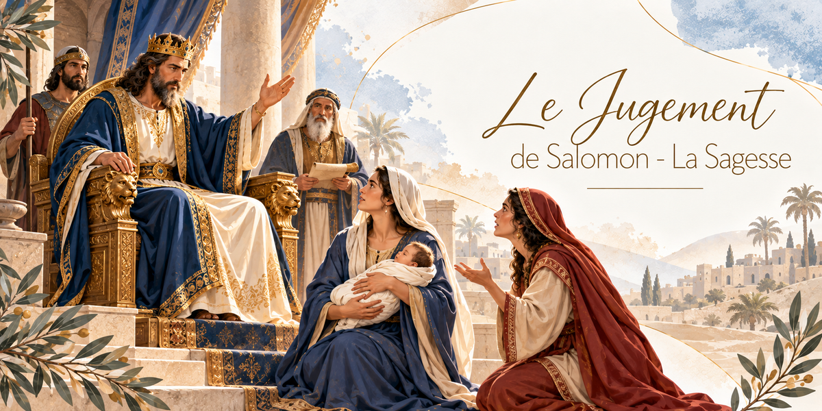 Illustration à l'aquarelle de Salomon couronné, en manteau bleu brodé d'or, assis sur un trône dont les accoudoirs sont sculptés en têtes de lion doré, un scribe tenant un rouleau et un garde derrière lui, et au pied des marches deux femmes agenouillées, l'une en manteau bleu tenant un nourrisson, l'autre en manteau rouge les mains tendues vers le roi, des rameaux d'olivier, la ville et les palmiers au loin, et le titre Le Jugement de Salomon, la Sagesse en lettres dorées