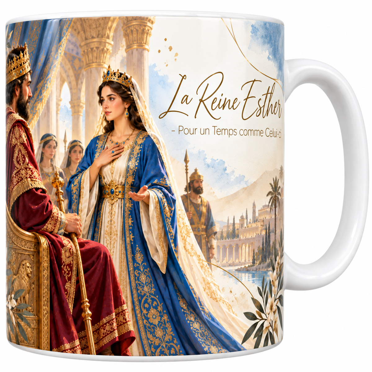 Mug céramique blanche 330 ml illustré d'Esther en robe blanche et manteau bleu brodé d'or devant le roi perse assis sur son trône au sceptre d'or, avec les suivantes, un garde et les colonnes du palais, et le titre La Reine Esther, Pour un Temps comme Celui-ci en lettres dorées