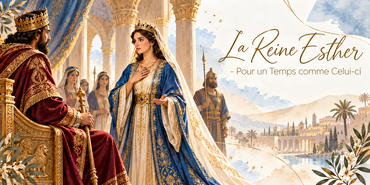 Illustration à l'aquarelle d'une jeune femme couronnée en robe blanche brodée d'or et grand manteau bleu, la main posée sur la poitrine, debout dans une salle à colonnes devant un roi barbu couronné, assis sur un trône doré en manteau rouge et tenant un long sceptre d'or, trois suivantes derrière elle et un garde casqué tenant une lance, les arcades du palais, des palmiers et une ville au bord de l'eau au loin, et le titre La Reine Esther, Pour un Temps comme Celui-ci en lettres dorées
