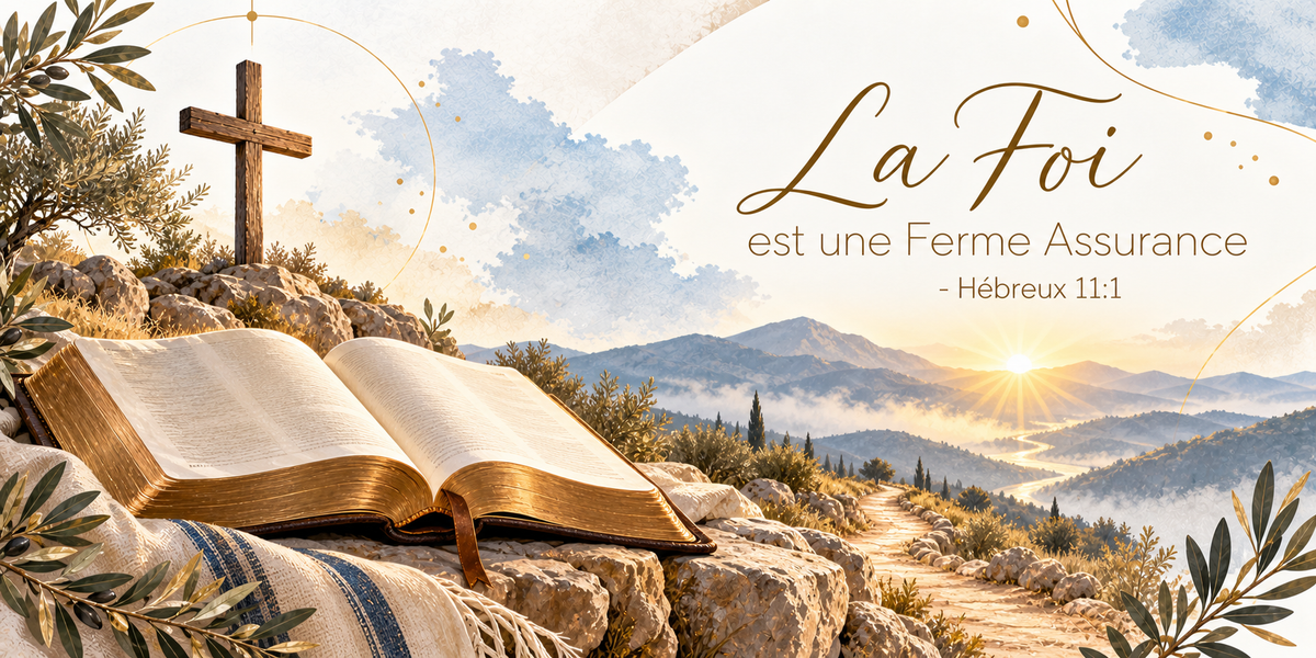 Illustration à l'aquarelle d'une croix de bois plantée dans un amas de rochers clairs, d'une grande Bible reliée et ouverte à tranche dorée posée sur un tissu rayé de bleu, un chemin de pierre descendant entre les buissons et les cyprès vers une vallée noyée de brume, une rivière, les collines bleutées et le soleil se levant entre elles, des rameaux d'olivier en bordure, et le titre La Foi est une Ferme Assurance, Hébreux 11:1 en lettres dorées