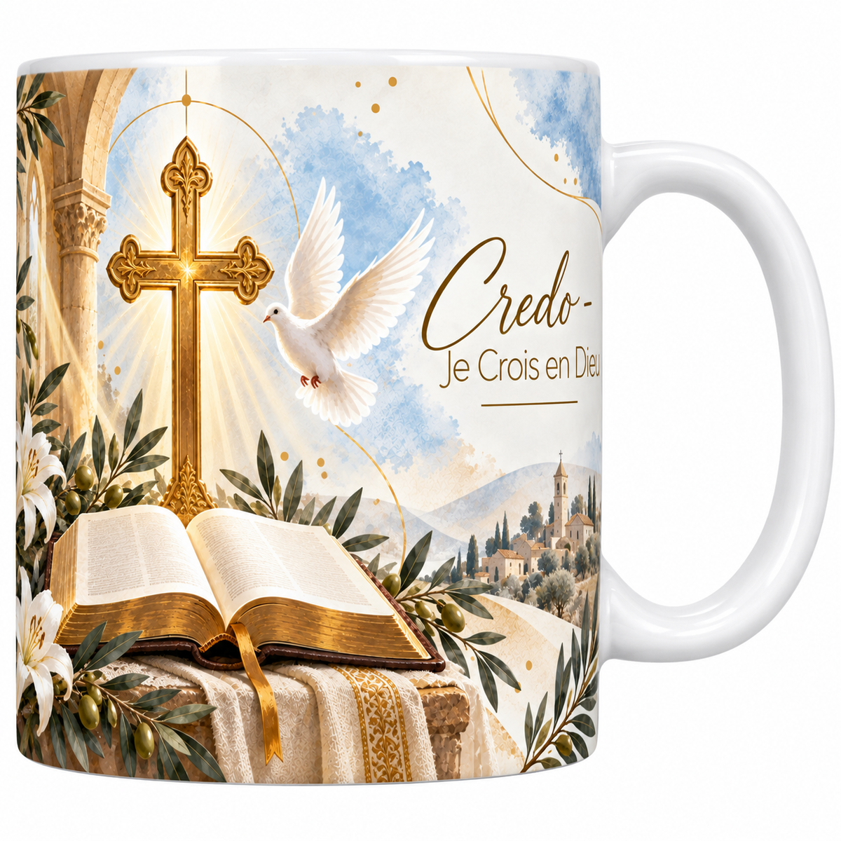 Mug céramique blanche 330 ml illustré d'une colombe blanche descendant dans la lumière, d'une croix dorée et d'un livre ouvert sur un autel drapé, avec un village à clocher au loin, et le titre Credo, Je Crois en Dieu en lettres dorées