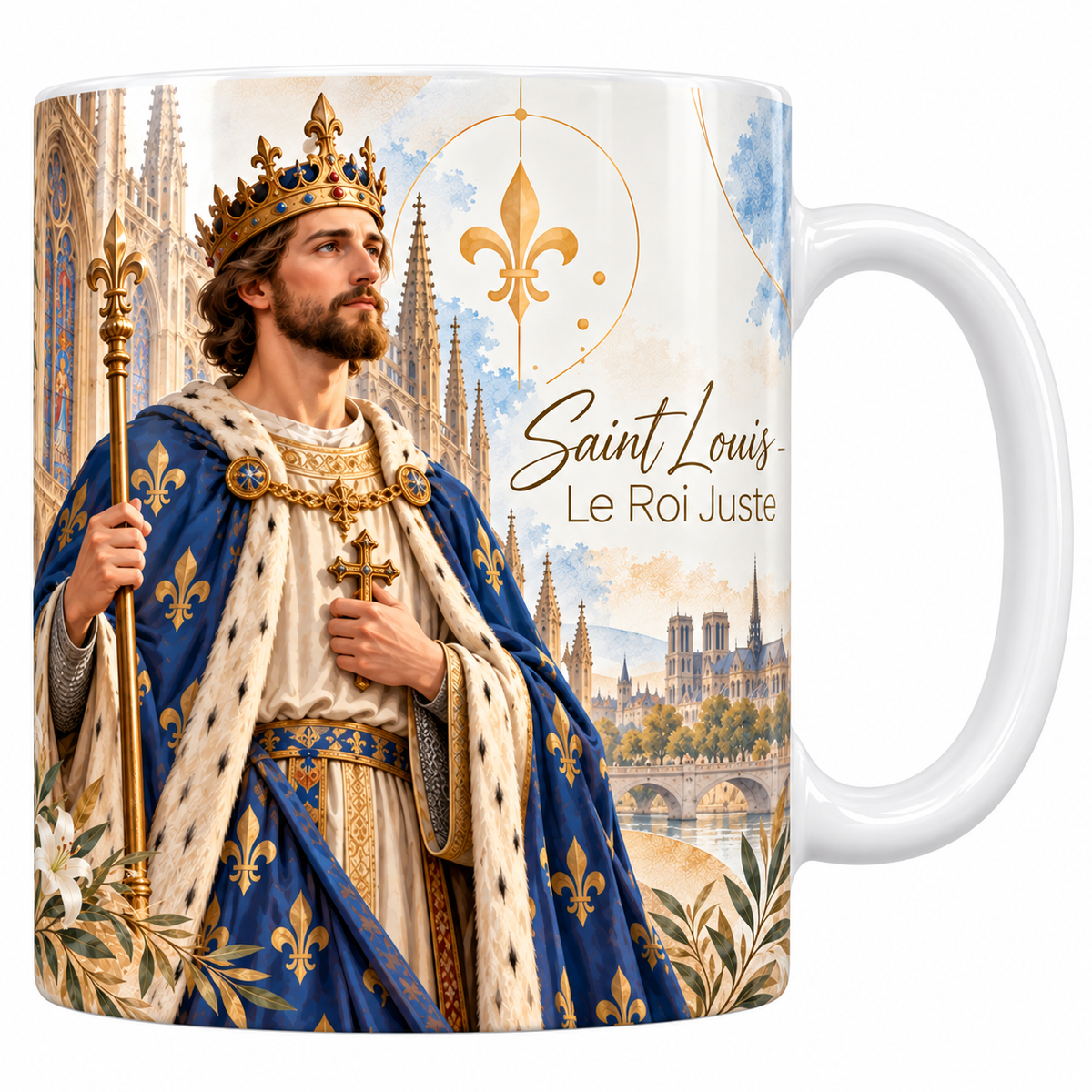 Mug céramique blanche 330 ml illustré de Saint Louis couronné en manteau bleu fleurdelysé et hermine, sceptre à la main, devant une architecture gothique à vitraux, avec la Seine et une cathédrale au loin, et le titre Saint Louis, le Roi Juste en lettres dorées