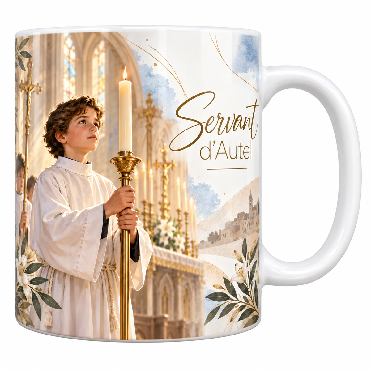 Mug céramique blanche 330 ml illustré d'un enfant en aube blanche tenant un grand cierge allumé, avec d'autres servants en procession, l'autel garni de chandeliers et de lys et les voûtes de l'église, et le titre Servant d'Autel en lettres dorées