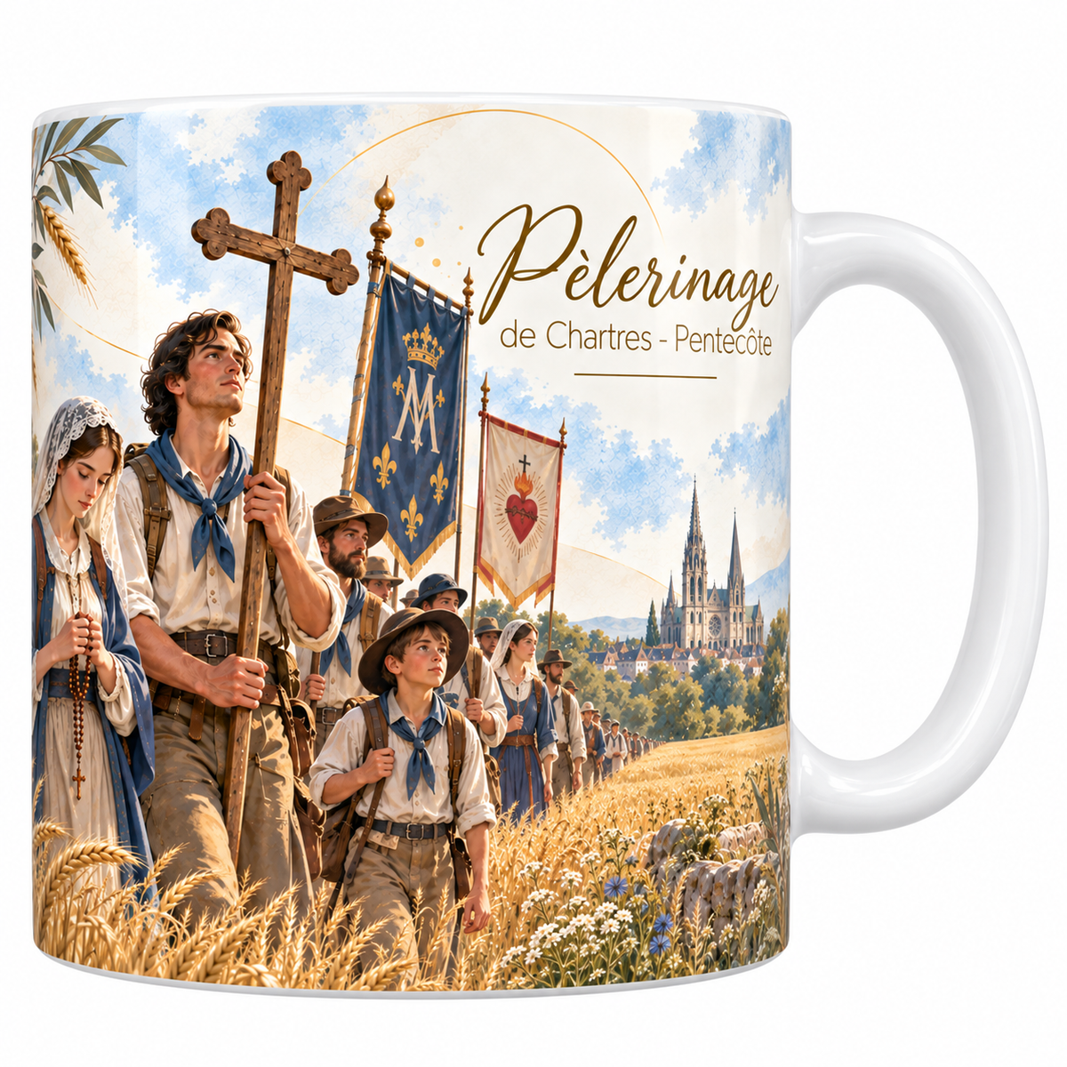 Mug céramique blanche 330 ml illustré d'une colonne de pèlerins en foulard bleu avec croix de bois et bannières, marchant dans les champs de blé, avec la cathédrale de Chartres au loin, et le titre Pèlerinage de Chartres, Pentecôte en lettres dorées
