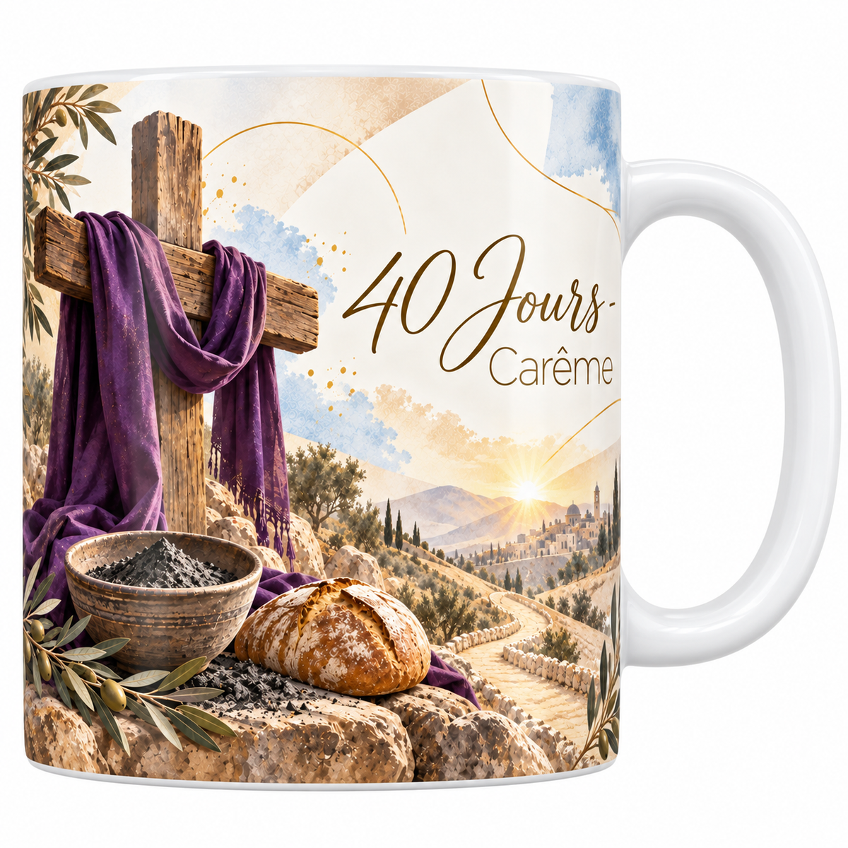 Mug céramique blanche 330 ml illustré d'une croix de bois drapée de violet, d'une coupe de cendres et d'un pain posés sur la pierre, avec des oliviers, un chemin et le soleil levant, et le titre 40 Jours, Carême en lettres dorées