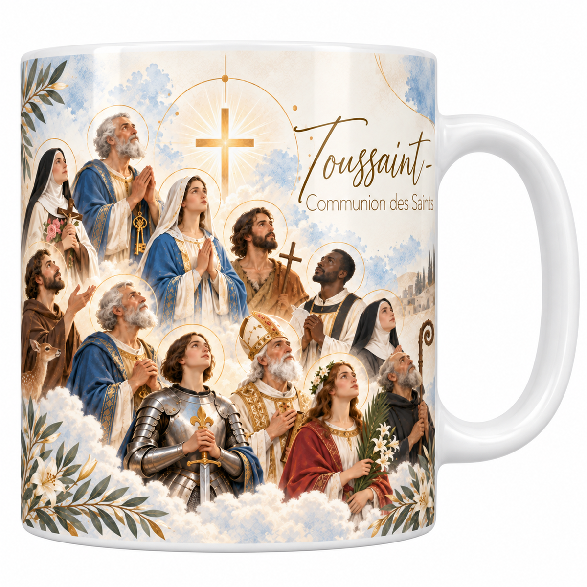 Mug céramique blanche 330 ml illustré d'une assemblée de saints auréolés dans les nuages, reconnaissables à leurs attributs, sous une croix de lumière, avec les collines et une ville au loin, et le titre Toussaint, Communion des Saints en lettres dorées