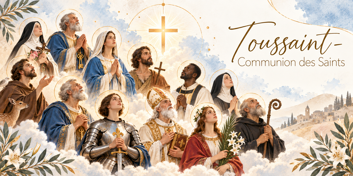 Illustration à l'aquarelle d'une assemblée de saints auréolés d'or réunis dans les nuages et levant les yeux, reconnaissables à leurs attributs, les clés, l'épée et l'armure, la bure et l'animal, la palme du martyre, la mitre et le livre, la crosse de l'abbé, le voile de la carmélite et les roses, au-dessus d'eux une croix de lumière rayonnante, des lys au premier plan, les collines et une ville au loin, et le titre Toussaint, Communion des Saints en lettres dorées